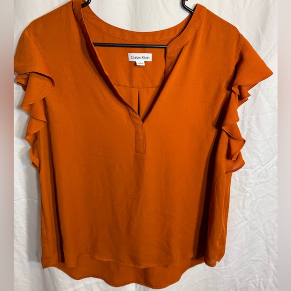 Calvin Klein Burnt Orange Capped Sleeve V Neck Blouse - Picture 1 of 7